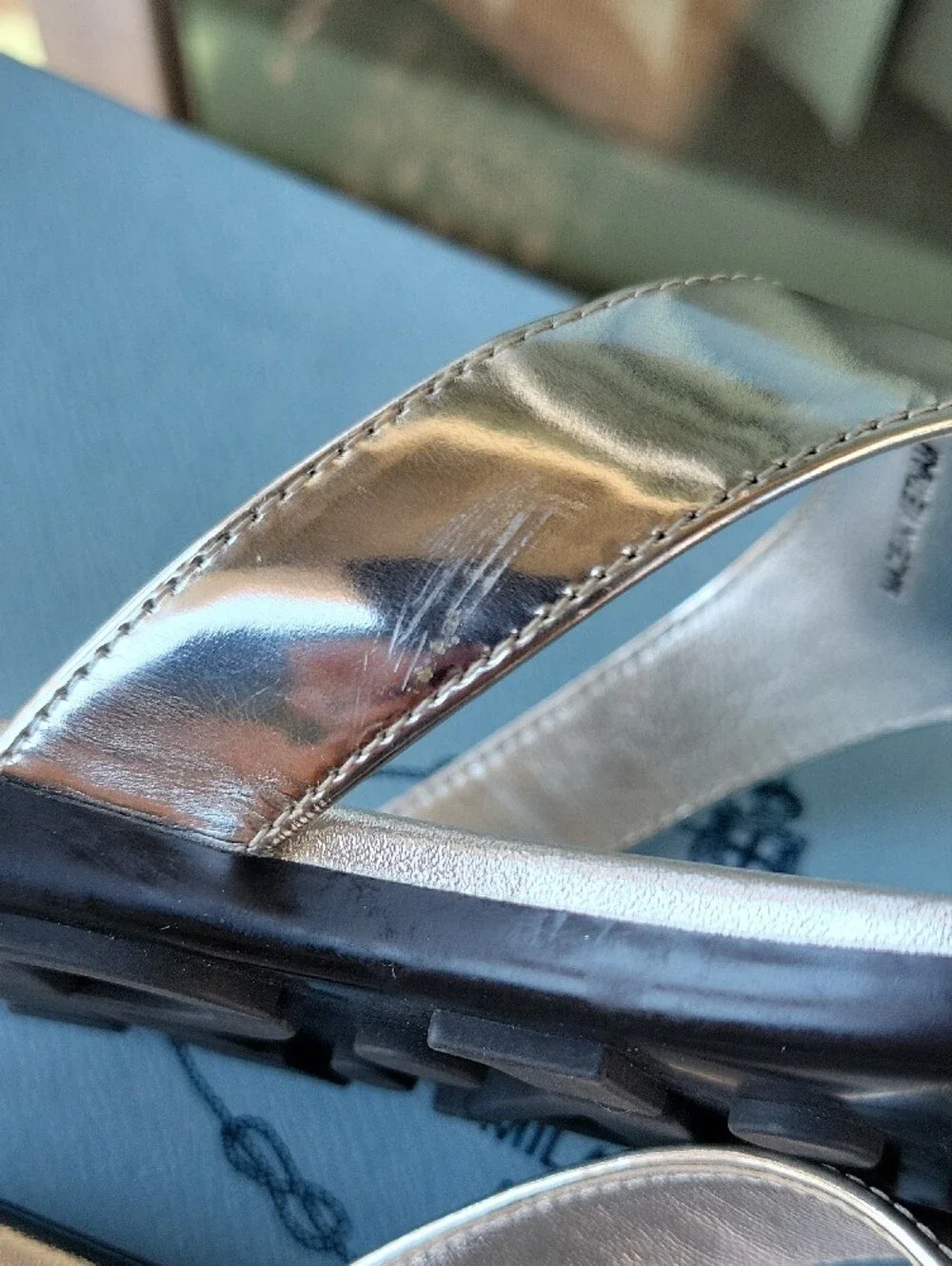 Prada Metallic Silver Logo Thong Sandals